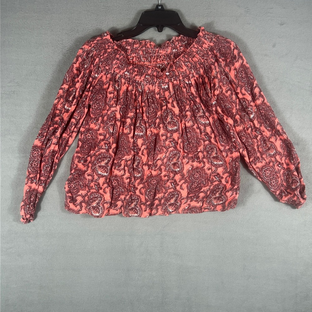 Hollister Womens Blouse L Pink Paisley Boho Peasant Long Sleeve Smocked Neck Top